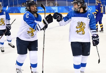 GANGNEUNG, SOUTH KOREA - FEBRUARY 17: Finland's Isa Rahunen #2 and Jenni Hiirikoski #6 celebrate after a first period goal scored by Riika Valila #13 (not shown) on Team Sweden during quarterfinal round action at the PyeongChang 2018 Olympic Winter Games. (Photo by Matt Zambonin/HHOF-IIHF Images)

